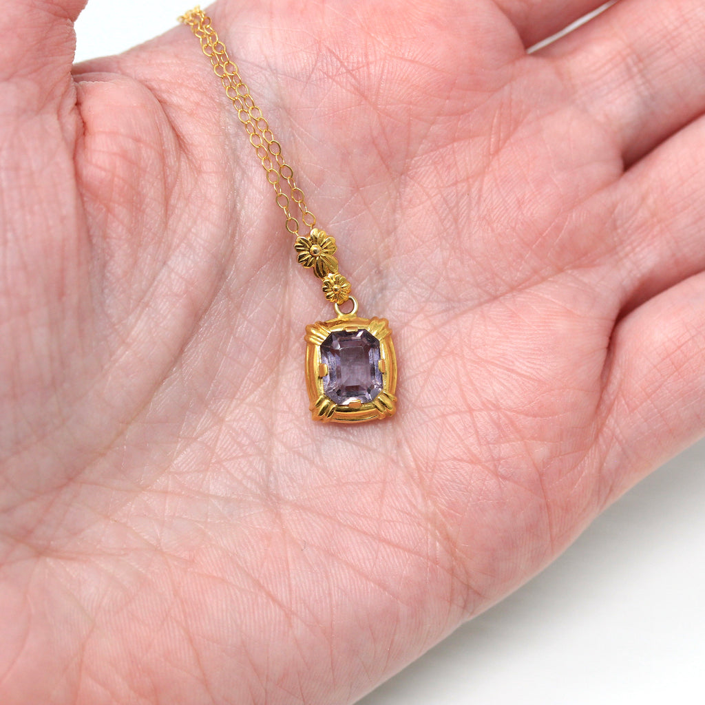Simulated Amethyst Necklace - Retro 10k Yellow Gold Emerald Cut Purple Glass Pendant - Vintage 1940s Flower Lavalier Fine Esemco Jewelry