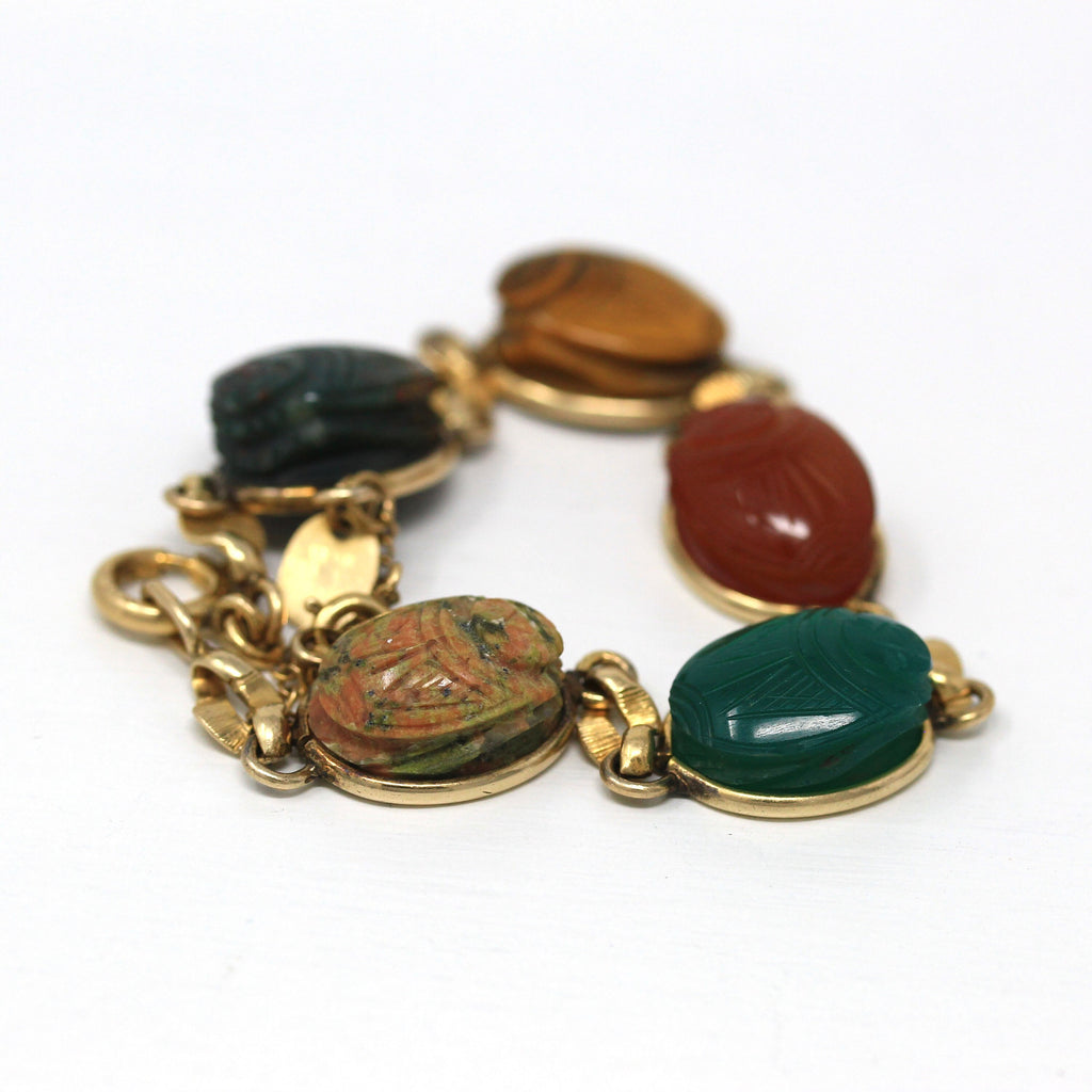 Vintage Scarab Bracelet - Retro 12k Gold Filled Carved Genuine Gemstones - Circa 1960s Era Egyptian Revival Style Burt Cassell 60s Jewelry