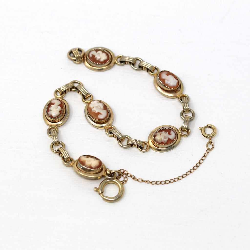 Vintage Cameo Bracelet - Retro 12k Gold Filled Oval Carved Shell Spring Ring Clasp - Circa 1940s Era Fashion Accessory Statement 40s Jewelry