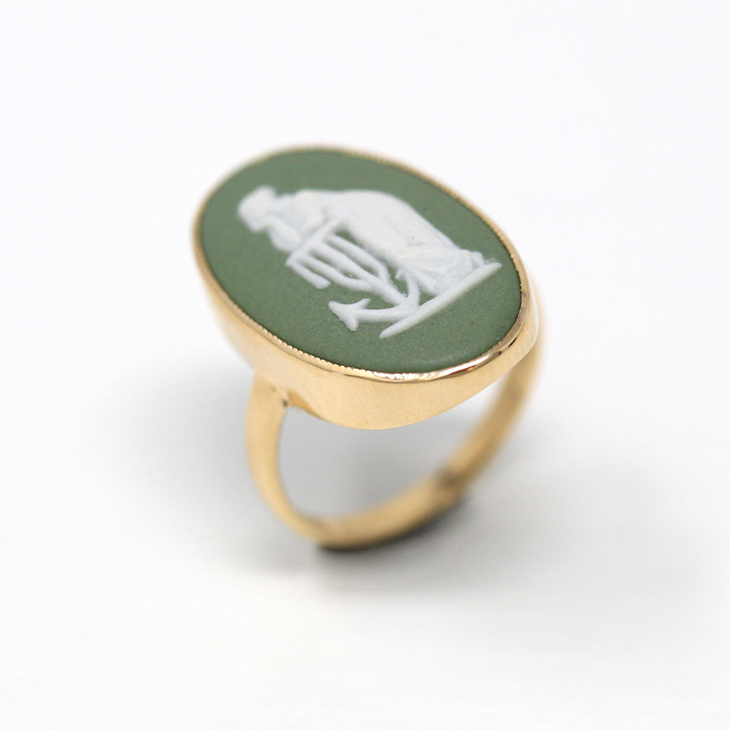 Vintage Wedgwood Ring - 9k Yellow Gold Green White Oval Hope & Anchor Cameo Statement - Retro 1970s Era Size 6 1/4 English 70s Fine Jewelry