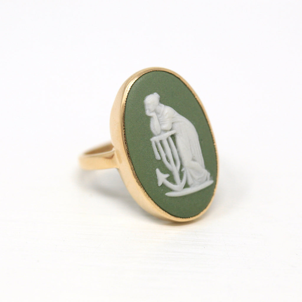 Vintage Wedgwood Ring - 9k Yellow Gold Green White Oval Hope & Anchor Cameo Statement - Retro 1970s Era Size 6 1/4 English 70s Fine Jewelry