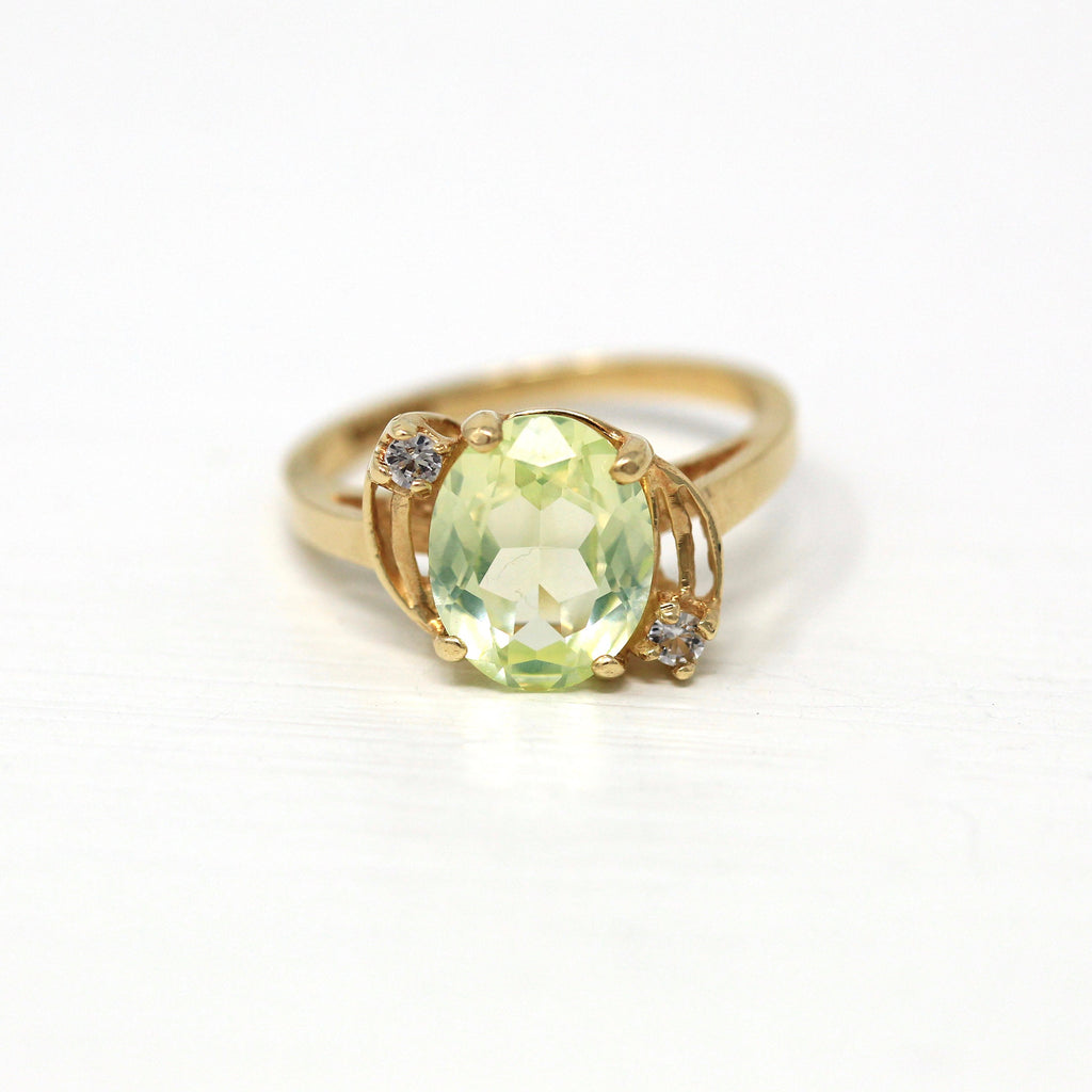 Created Spinel Ring - Retro 10k Yellow Gold Oval Cut Chartreuse Green Statement - Vintage Circa 1940s Size 5 3/4 Unique Fine Jewelry