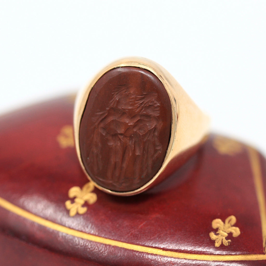 Sale - Erotic Intaglio Ring - Edwardian 14k Yellow Gold Carved Roman Style Seal Signet - Antique Circa 1900s Size 8 1/4 Chalcedony Jewelry