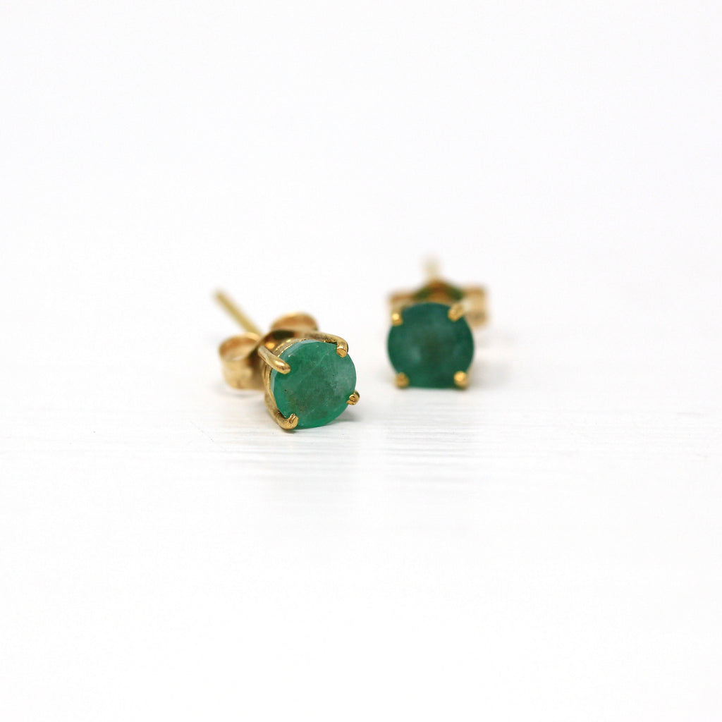 Genuine Emerald Earrings - Vintage 14k Yellow Gold Round Faceted Gemstones Push Back Studs - Estate Circa 1990s Era May Birthstone Jewelry