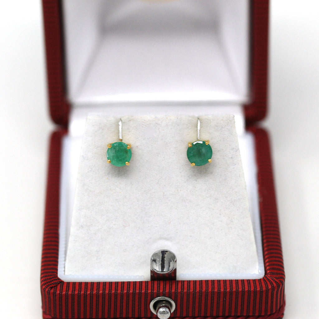 Genuine Emerald Earrings - Vintage 14k Yellow Gold Round Faceted Gemstones Push Back Studs - Estate Circa 1990s Era May Birthstone Jewelry