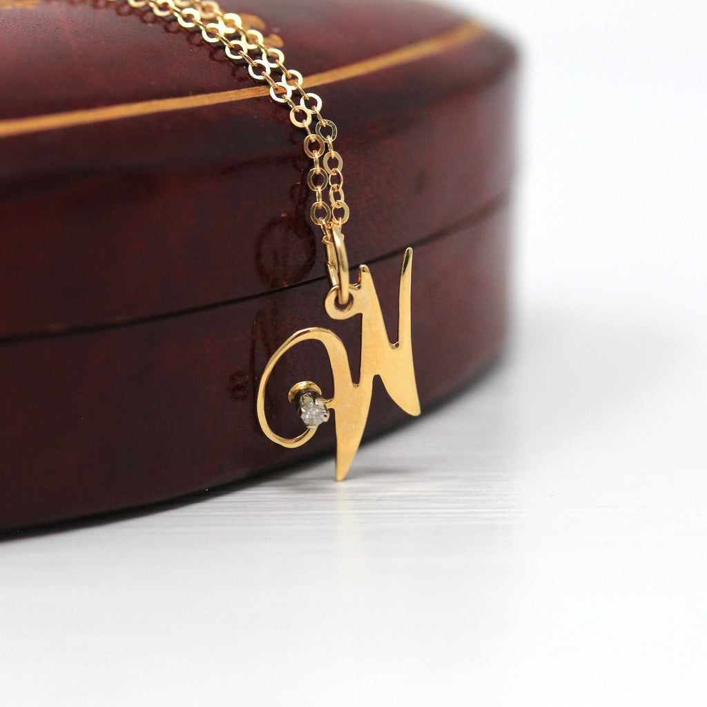 Letter "W" Charm - Estate 14k Yellow Gold Diamond Initial Pendant Necklace - Vintage Circa 1990s Era Personalized New Old Stock Fine Jewelry