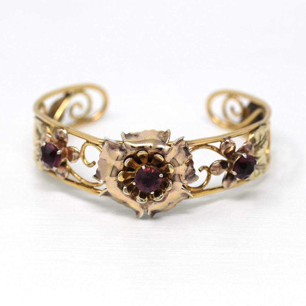 Vintage Cuff Bracelet - Retro 12k Yellow & Rose Gold Filled Purple Glass Flowers - Circa 1940s Era Simulated Amethyst Statement 40s Jewelry