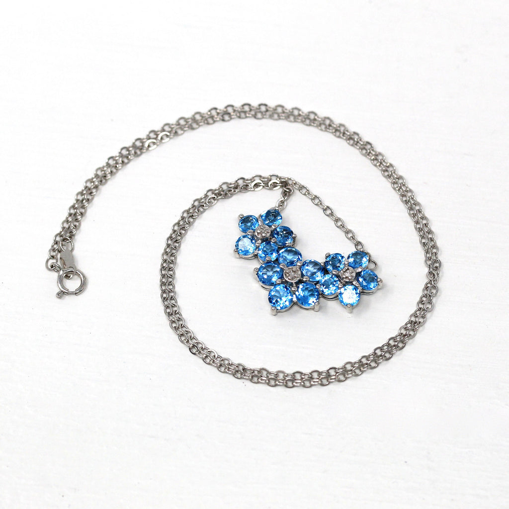 Topaz Flower Necklace - Estate 10k White Gold Round Faceted 2.5 CTW Blue Gemstones - Modern Circa 2000's Era Diamond Necklace Fine Jewelry
