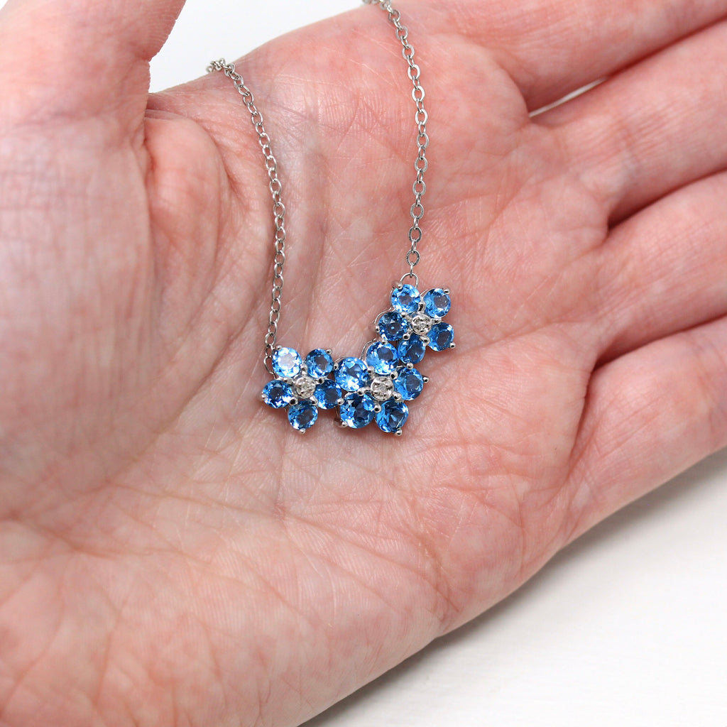 Topaz Flower Necklace - Estate 10k White Gold Round Faceted 2.5 CTW Blue Gemstones - Modern Circa 2000's Era Diamond Necklace Fine Jewelry