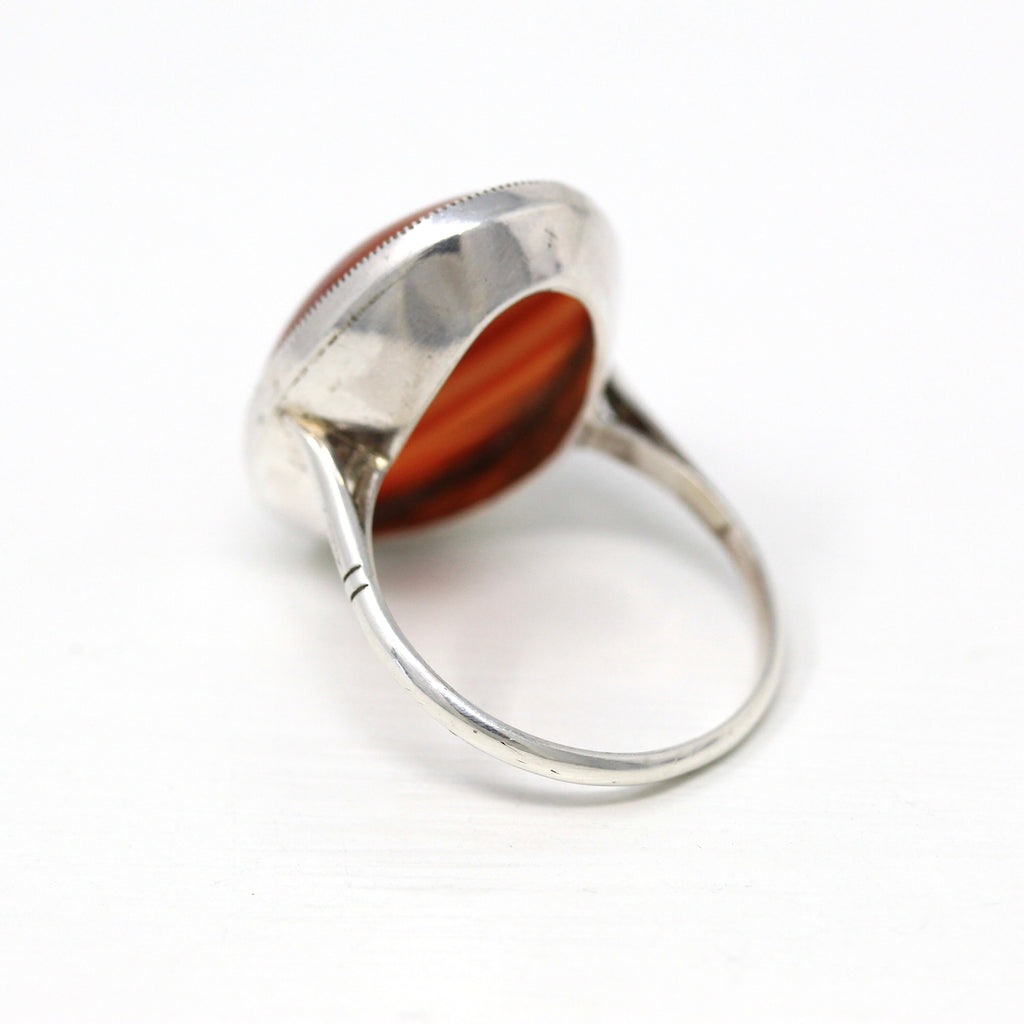 Vintage Agate Ring - Retro Era Sterling Silver Genuine Banded Red & Orange Gemstone - Circa 1960s Size 10 1/2 Statement Cabochon Gem Jewelry