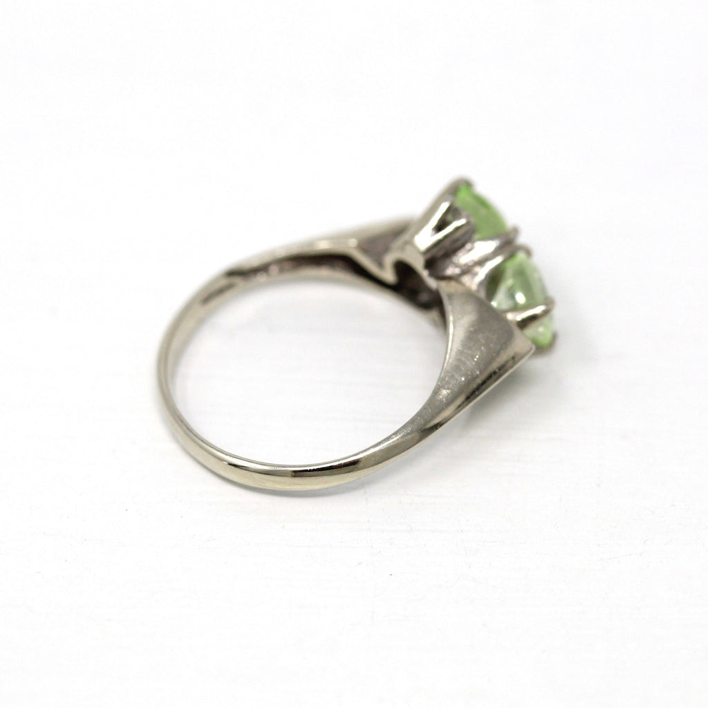 Created Spinel Ring - Retro 14k White Gold Round Cut Toi et Moi Green Statement - Vintage Circa 1950s Size 6 Unique Fine Retro Jewelry
