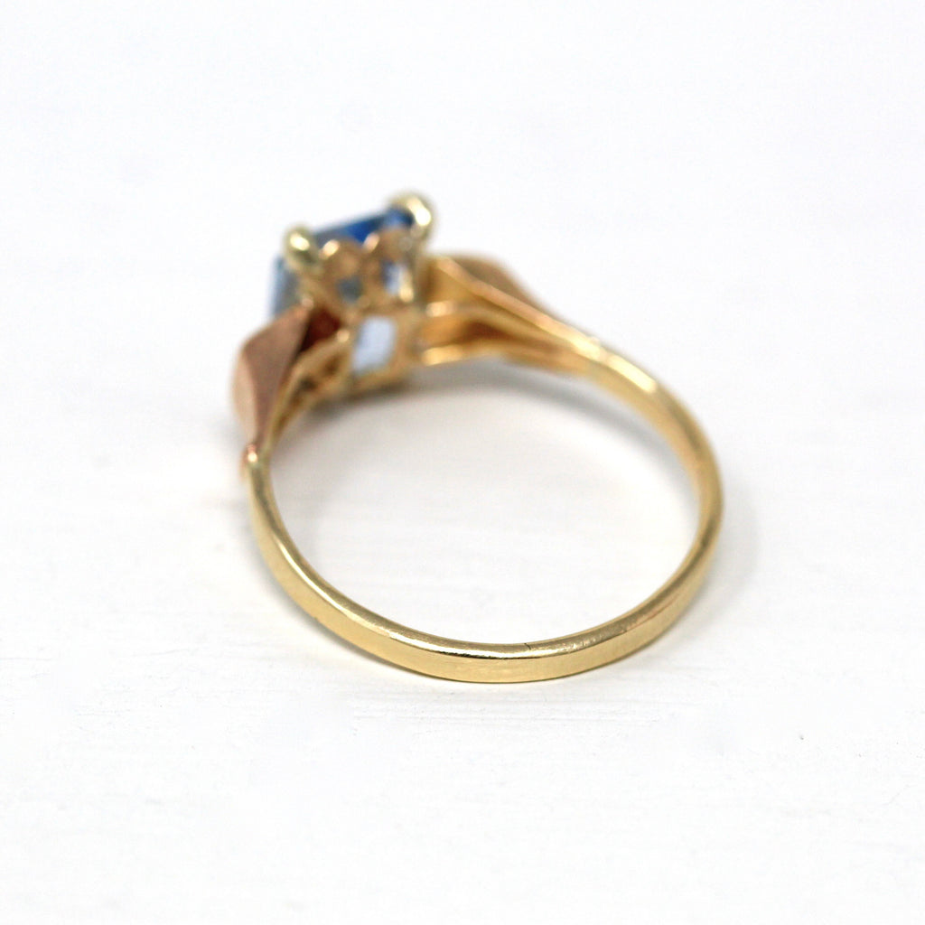 Created Spinel Ring - Retro Era 14k Yellow Gold Emerald Cut Faceted Blue 2.25 CT Stone - Circa 1940s Size 7.5 Solitaire Style Fine Jewelry