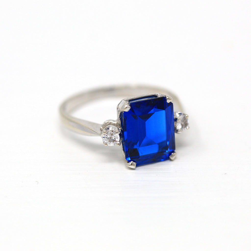 Three Stone Ring - Retro 14k White Gold Rectangular Faceted 3.69 CT Blue Stone - Vintage 1960s Era Size 6.5 Created Spinel Fine 60s Jewelry