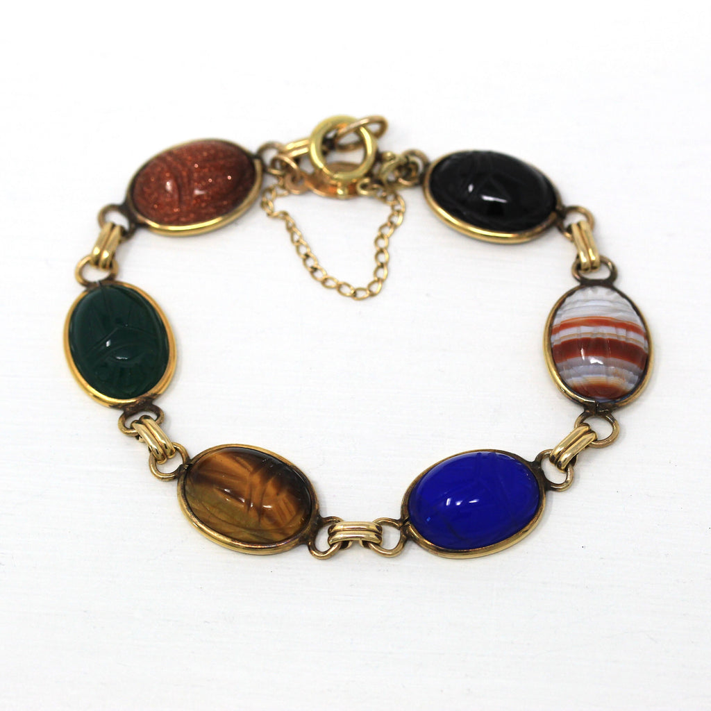 Vintage Scarab Bracelet - Retro 12k Gold Filled Carved Genuine Gemstones - Circa 1960s Era Egyptian Revival Style Panel Linked 60s Jewelry
