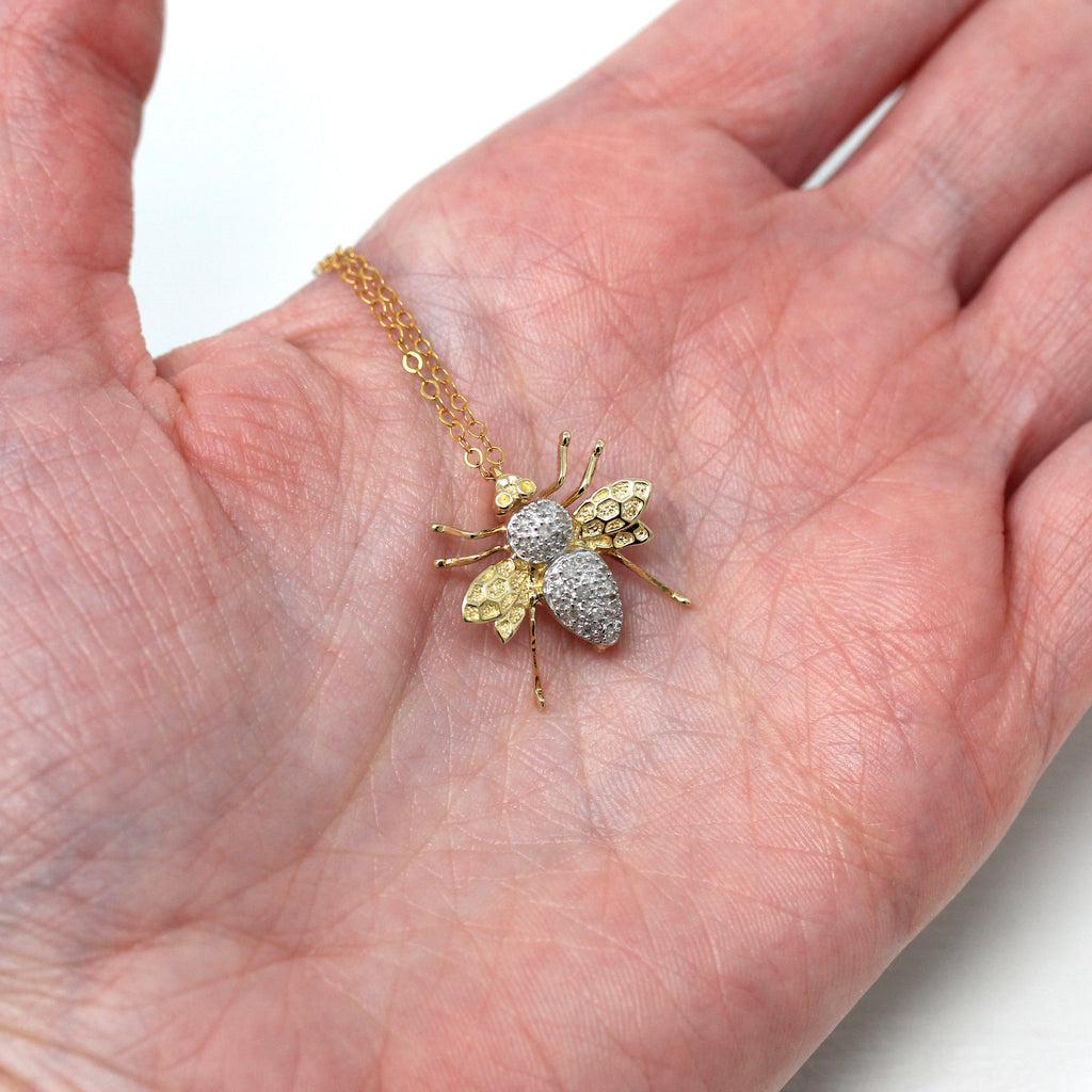 Estate Bug Pendant - Modern 10k Yellow & White Gold Genuine Diamond Brooch Necklace - Vintage Circa 1980s Era Flying Bee Insect Fine Jewelry