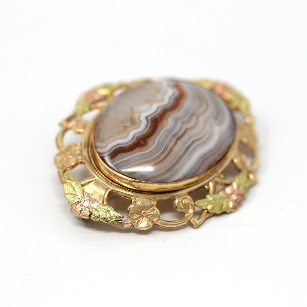 Sale - Genuine Agate Brooch - 12k Yellow Gold Filled Oval Cabochon Banded 16.87 CT Gem Statement - Circa 1940s Era Gemstone Flower Jewelry