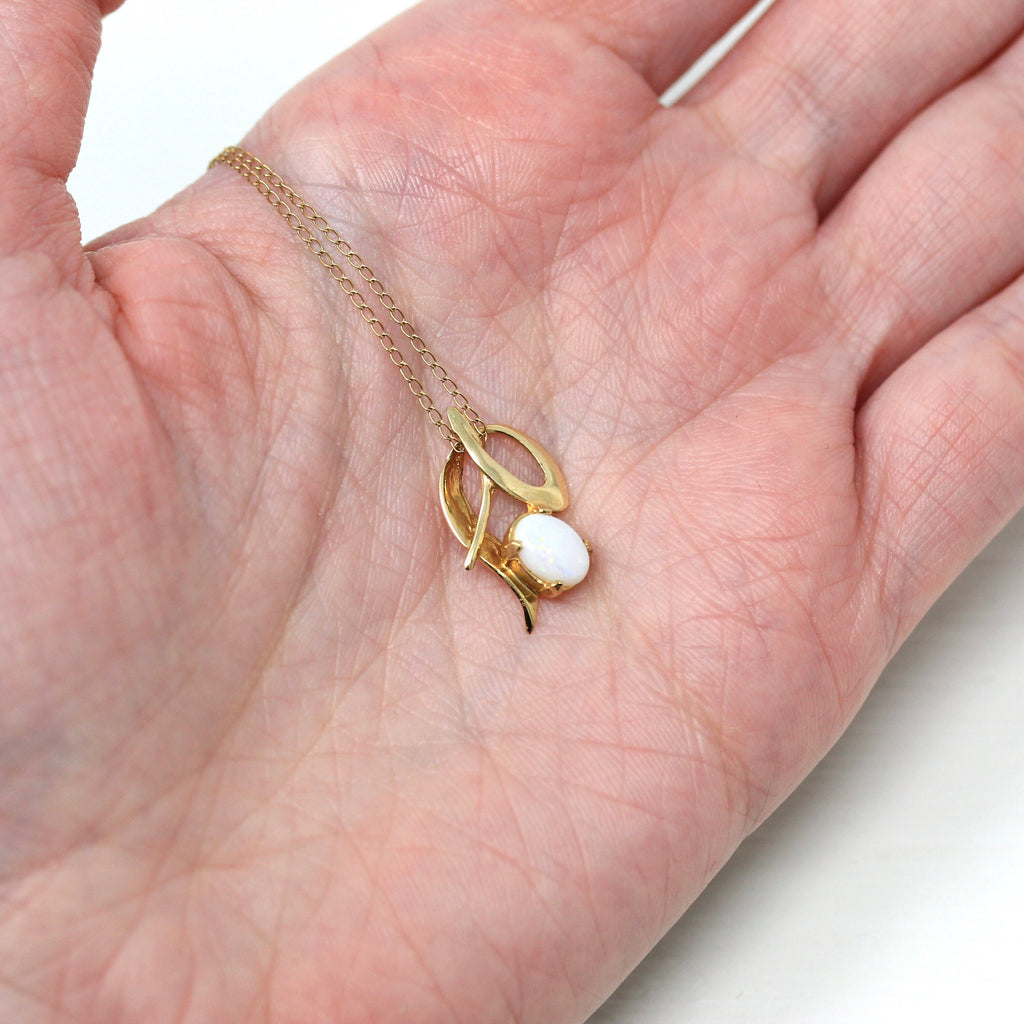 Genuine Opal Necklace - Retro 14k Yellow Gold Oval Cabochon Cut .46 CT Gemstone Pendant - Vintage Circa 1970s Era October Birthstone Jewelry