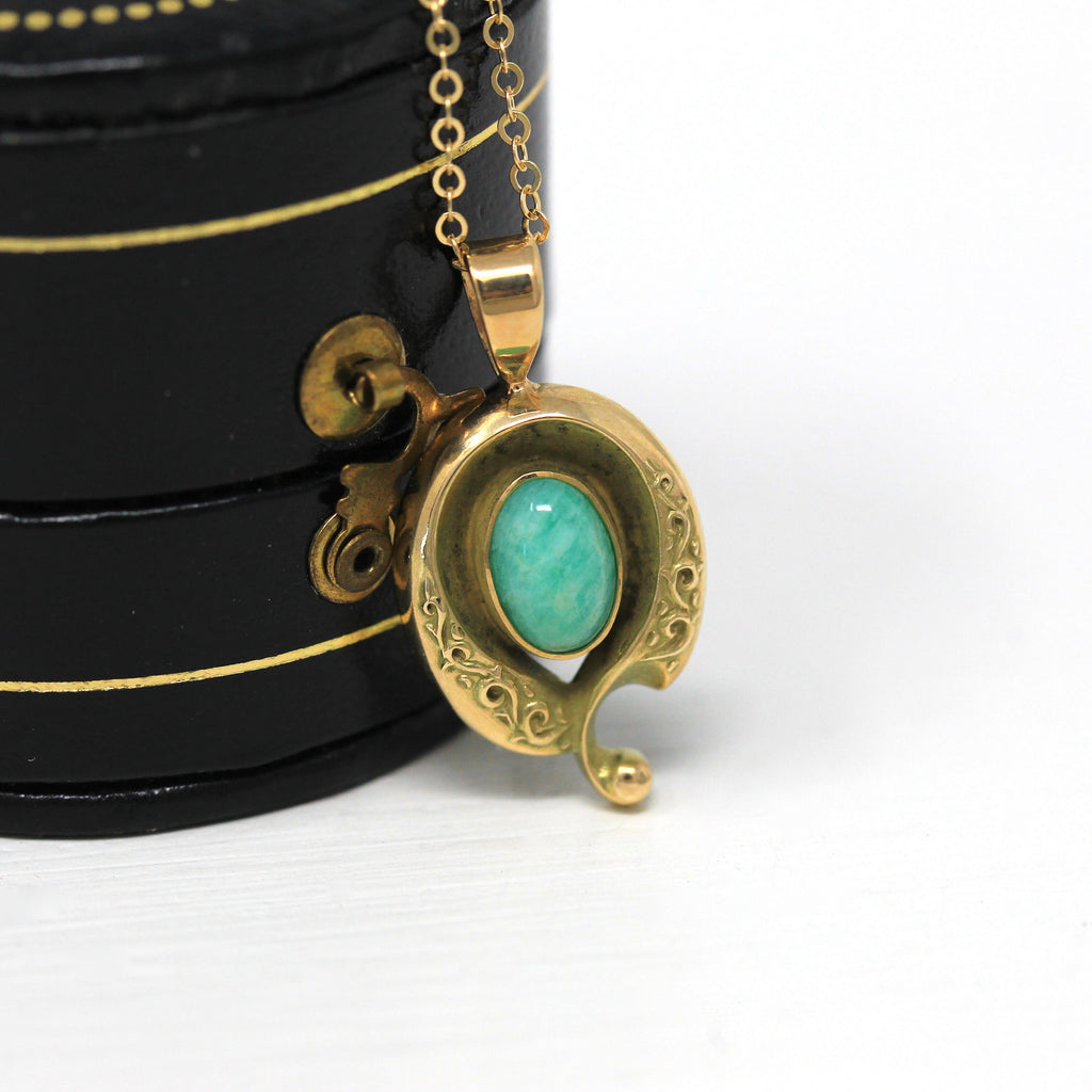 Genuine Amazonite Charm - Art Nouveau 10k Yellow Gold Stick Pin Conversion Pendant - Antique Circa 1900s Oval Green Gemstone Fine Jewelry