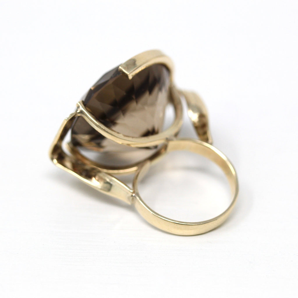Smoky Quartz Ring - Modernist Style 14k Yellow Gold Round Faceted 30.64 CT Brown Gem - Vintage Circa 1980s Size 5 1/4 Statement 80s Jewelry