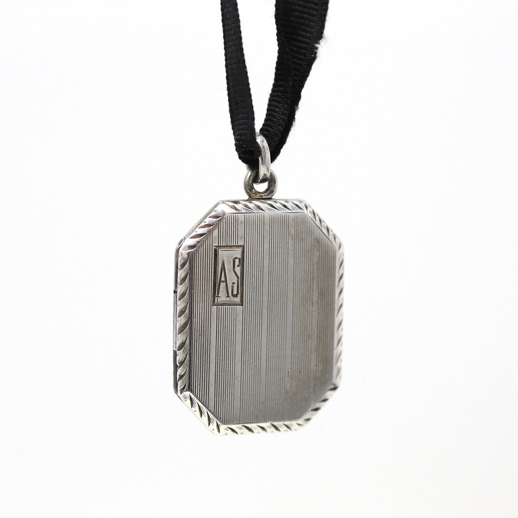Art Deco Locket - Antique Sterling Silver Pinstripe Initials "AS" Letters Pendant Necklace - Circa 1920s Era Black Ribbon Flapper Jewelry