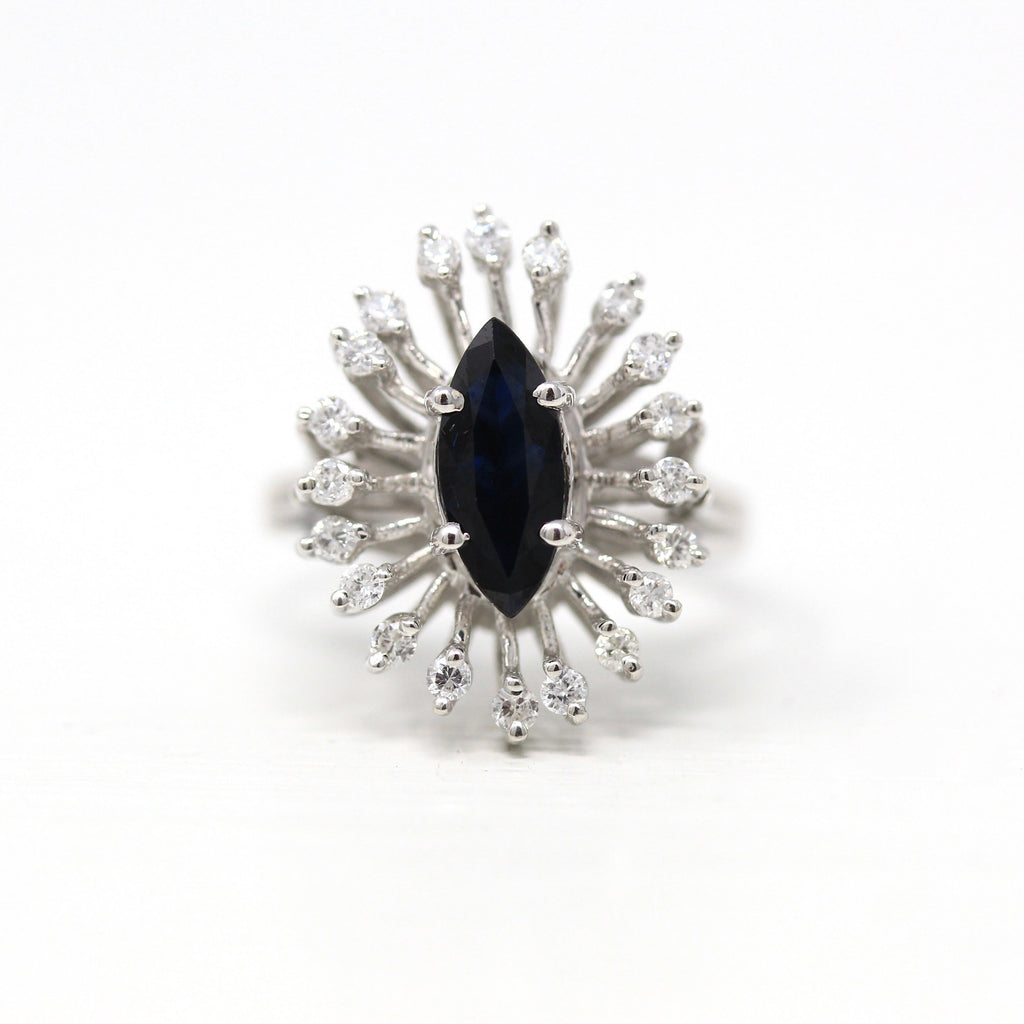 Sapphire & Diamond Ring - 14k Yellow Gold Genuine Dark Blue Gem Diamond Statement - Size 6 Marquise Cut September Gem Starburst Halo Jewelry