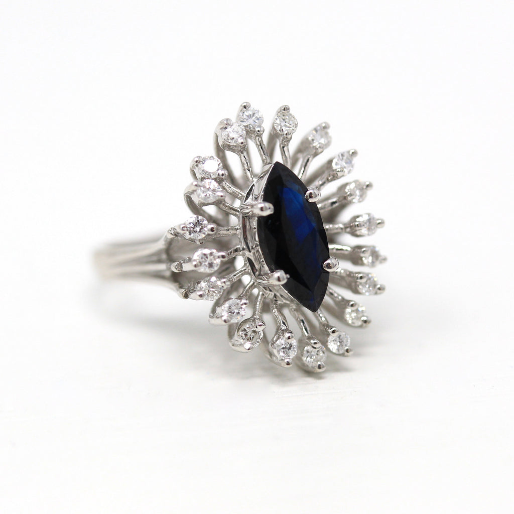 Sapphire & Diamond Ring - 14k Yellow Gold Genuine Dark Blue Gem Diamond Statement - Size 6 Marquise Cut September Gem Starburst Halo Jewelry