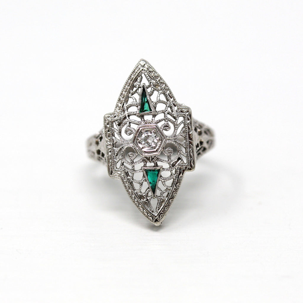 Vintage Shield Ring - Antique 14K White Gold Diamond Simulated Emerald Filigree Setting - Size 4 Art Deco 1920s Green Glass Fine 20s Jewelry