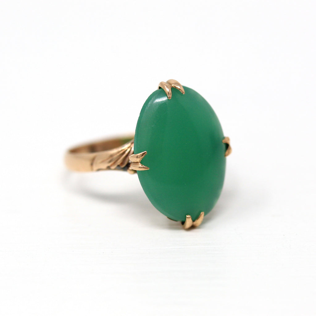 Simulated Jade Ring - Retro 18k Yellow Gold Large Oval Green Glass Cabochon Stone - Vintage Circa 1960s Era Size 7.5 Statement Fine Jewelry