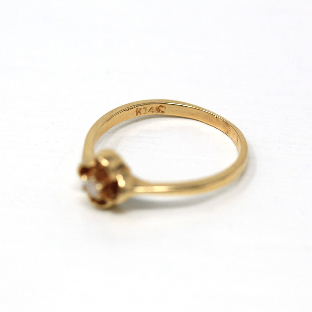 Diamond Flower Ring - Retro 14k Yellow Gold Round Faceted .05 CT Gem - Vintage Circa 1970s Era Size 5 1/4 April Birthstone Fine 70s Jewelry