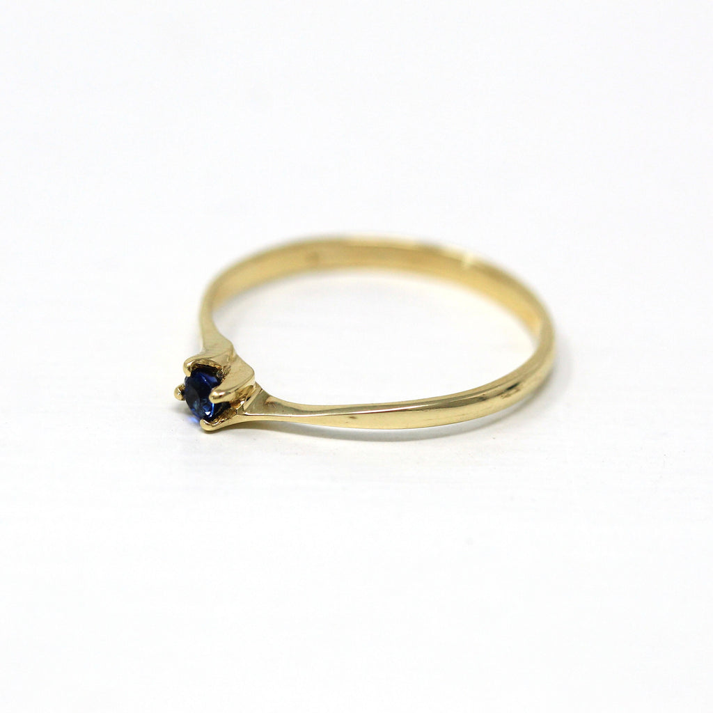 Genuine Sapphire Ring - Estate 14k Yellow Gold Round Cut Blue Gemstone Bypass Style - Vintage Circa 1990s Era Size 5.5 Dainty Fine Jewelry
