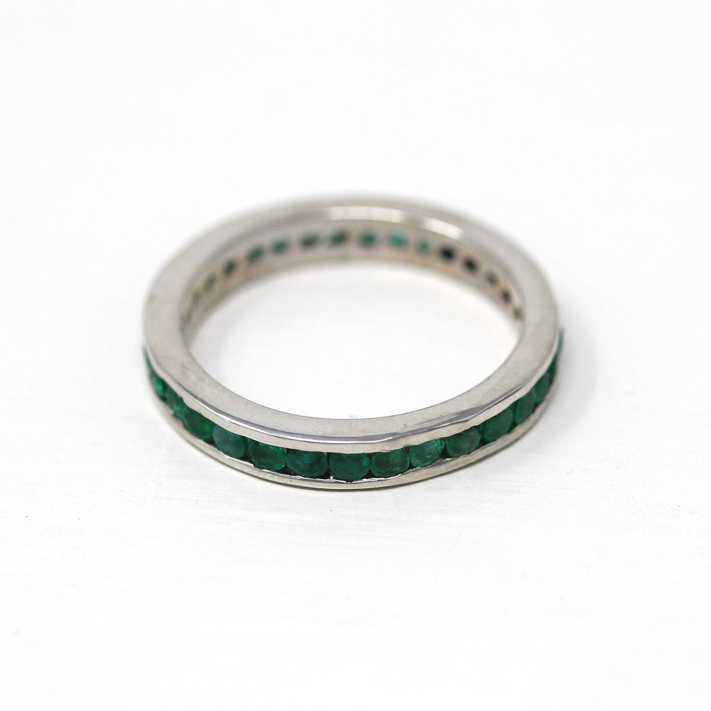 Emerald Eternity Band - 14k White Gold Genuine Green Emerald Gemstone Eternity Ring - Size 8 1/4 Modern Estate Bridal Wedding Fine Jewelry