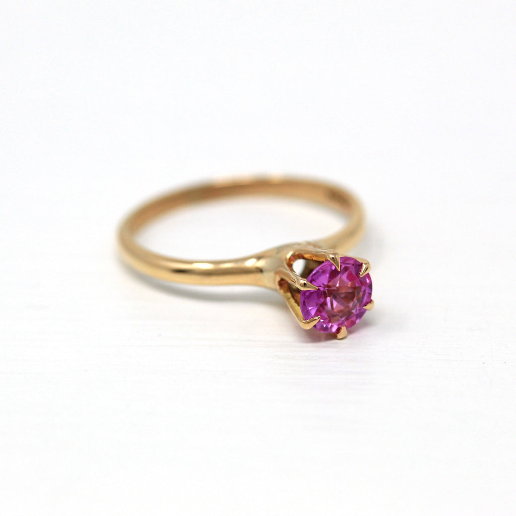 Created Pink Sapphire Ring - Edwardian 10k Yellow Gold Round Cut .77 CT Stone - Antique Circa 1910s Era Size 7 3/4 Solitaire Fine Jewelry