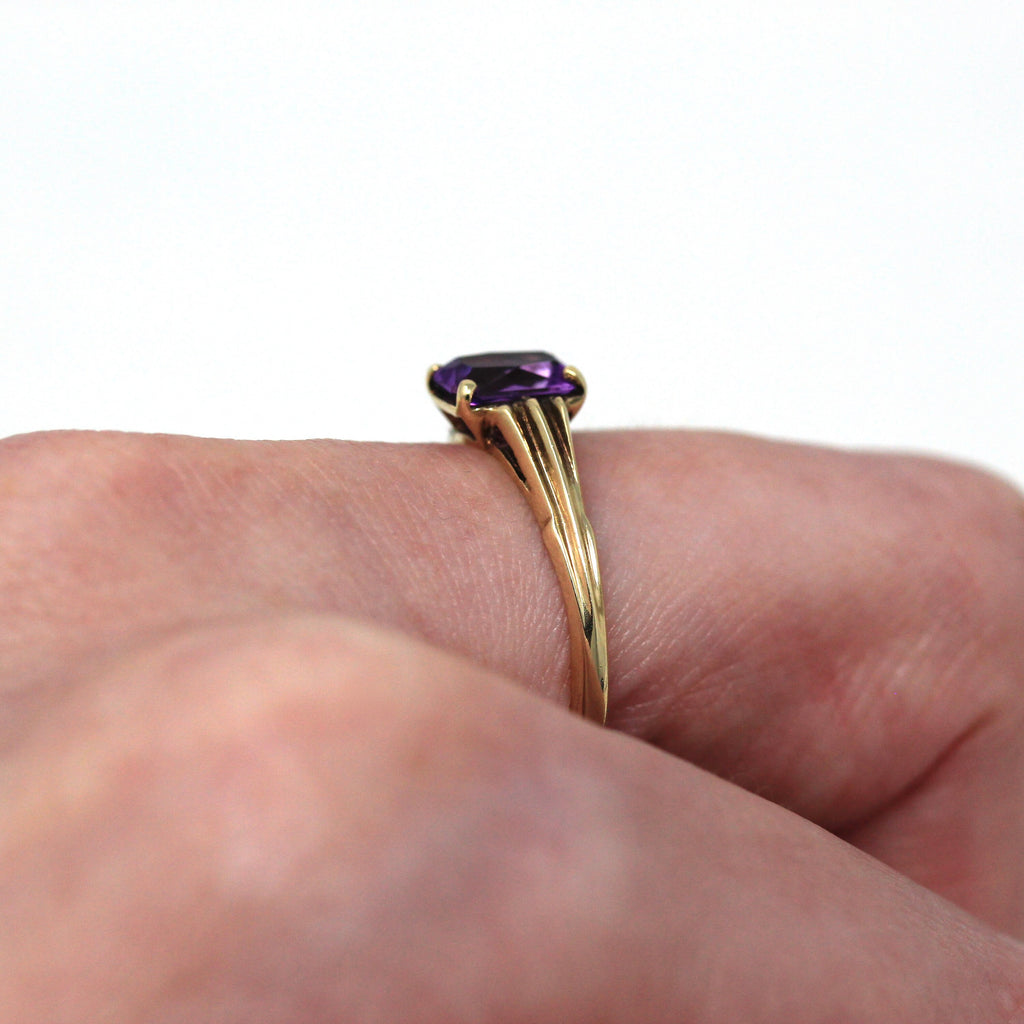 Created Sapphire Ring - Vintage 10k Yellow Gold Blue 1 CT Pink Purple Stone Solitaire - Retro Circa 1960s Size 6.5 Baden & Foss Fine Jewelry