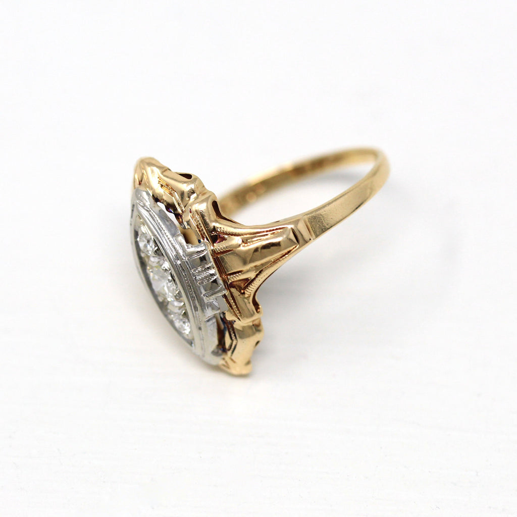 Antique Shield Ring - Art Deco Era 14k Yellow & White Gold .11 CTW Genuine Diamond Gems - Vintage Circa 1930s Size 5.75 Navette Fine Jewelry
