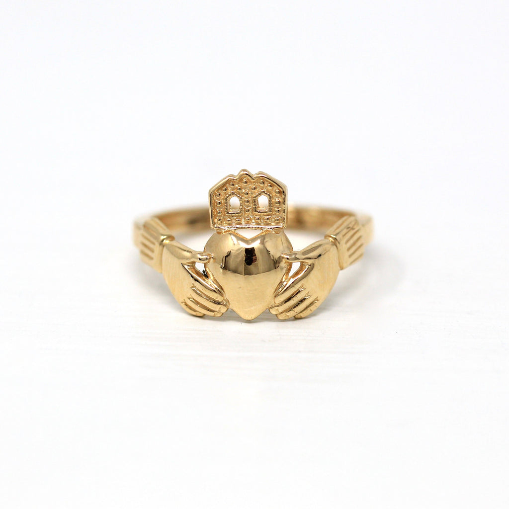 Modern Claddagh Ring - Estate 14k Yellow Gold Heart Clasped Hand Crown - Circa 2000's Era Size 6 Friendship Love Loyalty Irish Fine Jewelry