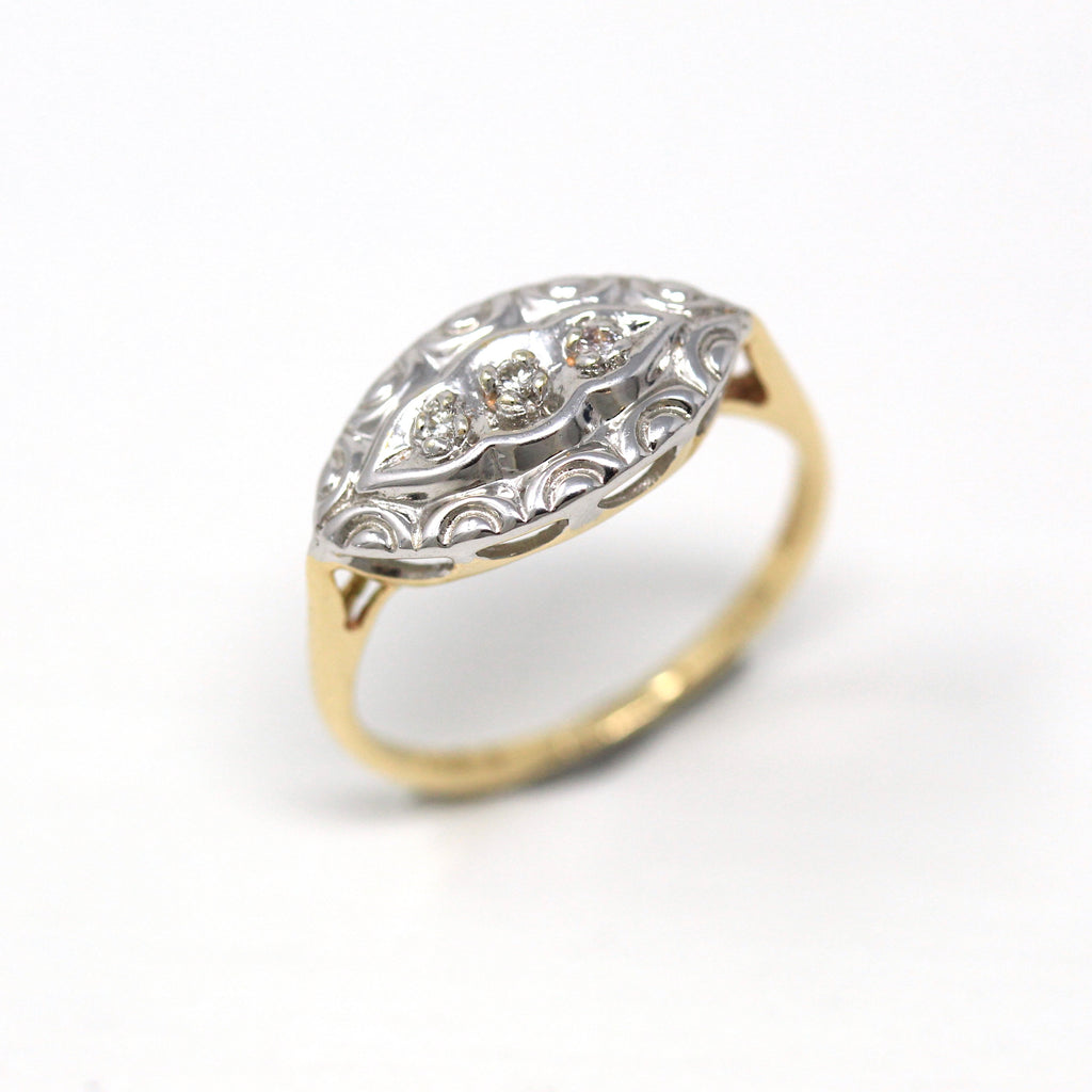 Vintage Princess Ring - Retro 10k Yellow & White Gold Genuine Diamonds .018 CTW Gem - Circa 1940s Era Size 5 Anniversary Promise 40s Jewelry