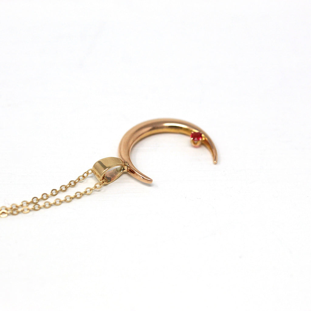 Crescent Moon Necklace - Edwardian 10k Yellow Gold Simulated Garnet Red Glass Pendant - Antique Circa 1910s Era Statement Celestial Jewelry