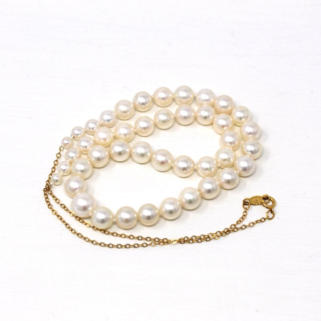 Cultured Pearl Necklace - Modern 14k Yellow Gold Graduated Individually Knotted Strand - Estate Circa 2000s Era 16 1/2 Inches Fine Jewelry