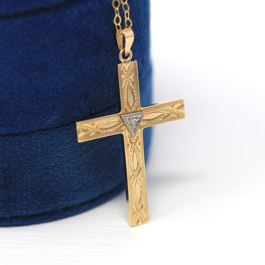 Vintage Cross Necklace - Retro 10k Yellow & White Gold Genuine .02 CT Diamond Gem Pendant - Circa 1940s Era Religious Faith Fine 40s Jewelry