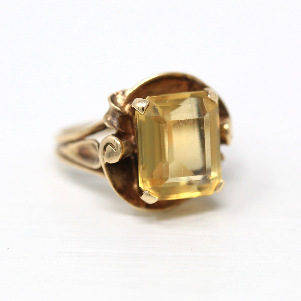 Genuine Citrine Ring - Retro 10k Yellow Gold Emerald Cut 5.37 CT Gemstone - Vintage Circa 1940s Era Size 5 3/4 Cocktail Fine 40s Jewelry
