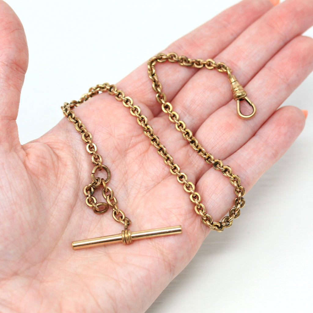 Pocket Watch Chain - Antique Gold Filled Cable Links T Bar Swivel Clip Clasp - Edwardian Circa 1910s Era Fashion Accessory DB & CO Jewelry