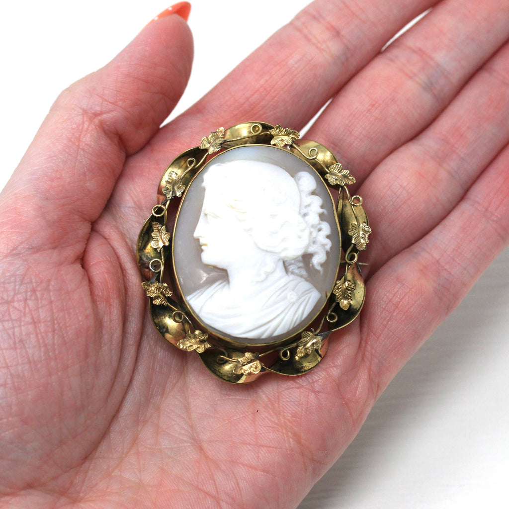 Antique Cameo Necklace - Edwardian Gold Filled Carved Shell Pendant Brooch Pin - Circa 1900s Era Leaf Statement Fashion Accessory Jewelry