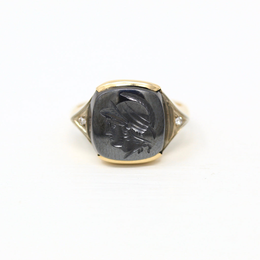 Vintage Hematite Ring - Retro 10k Yellow Gold Intaglio Carved Gray Roman Gem Warrior - Circa 1940s Era Size 4 1/4 Statement Fine 40s Jewelry