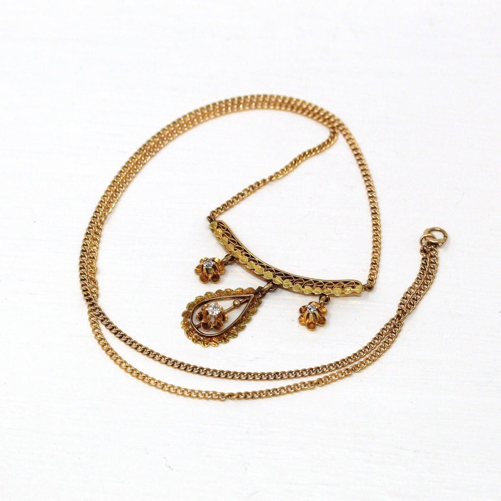 Antique Diamond Necklace - Edwardian 10k Yellow Gold Filigree Genuine .08 CTW Gemstones - Circa 1910s Era Buttercup Flower 17" Fine Jewelry