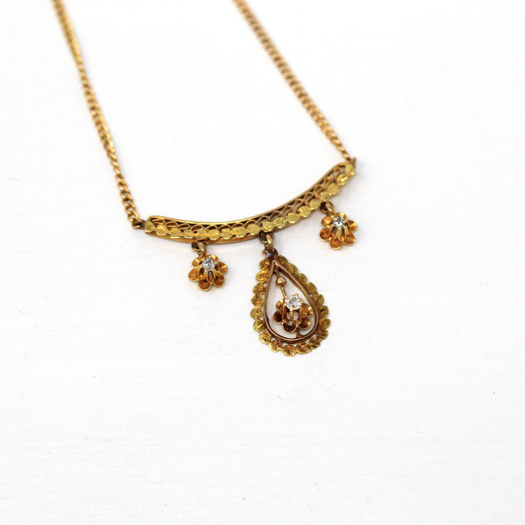 Antique Diamond Necklace - Edwardian 10k Yellow Gold Filigree Genuine .08 CTW Gemstones - Circa 1910s Era Buttercup Flower 17" Fine Jewelry