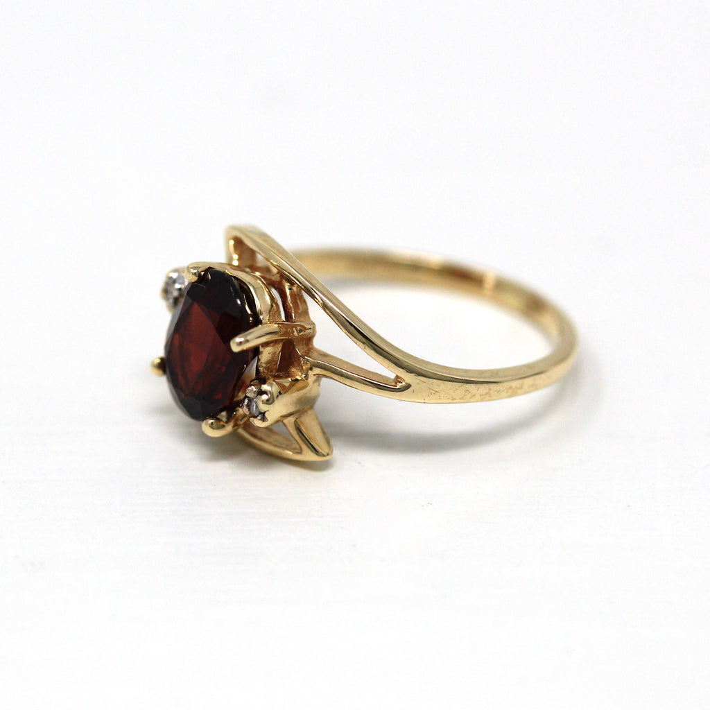 Genuine Garnet Ring - Vintage 10k Yellow Gold Oval Faceted Red 1.27 CT Gemstone - Circa 1990s Size 5.5 January Bypass Style Fine 90s Jewelry