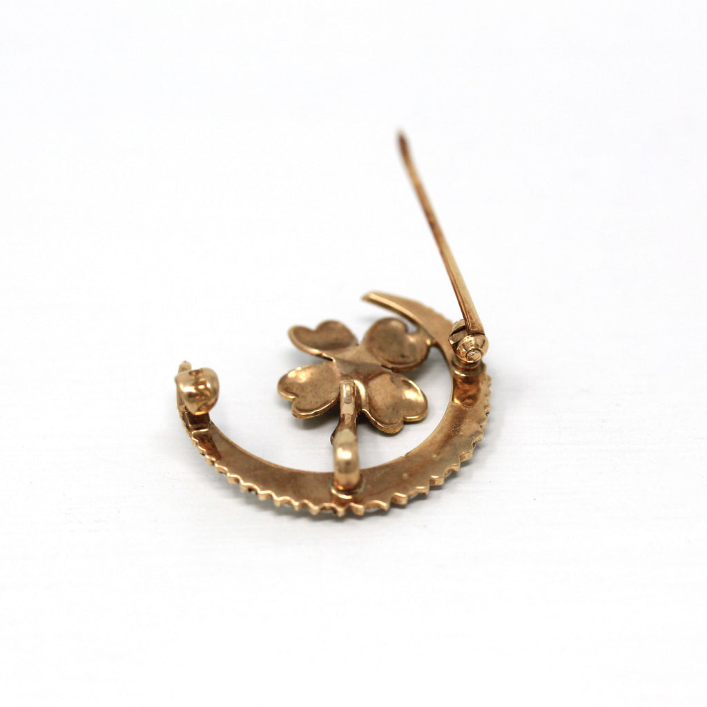 Crescent Moon Brooch - Edwardian 10k Yellow Gold Genuine Sapphire Seed Pearl Gems - Antique Circa 1910s Celestial Clover Design Fine Jewelry