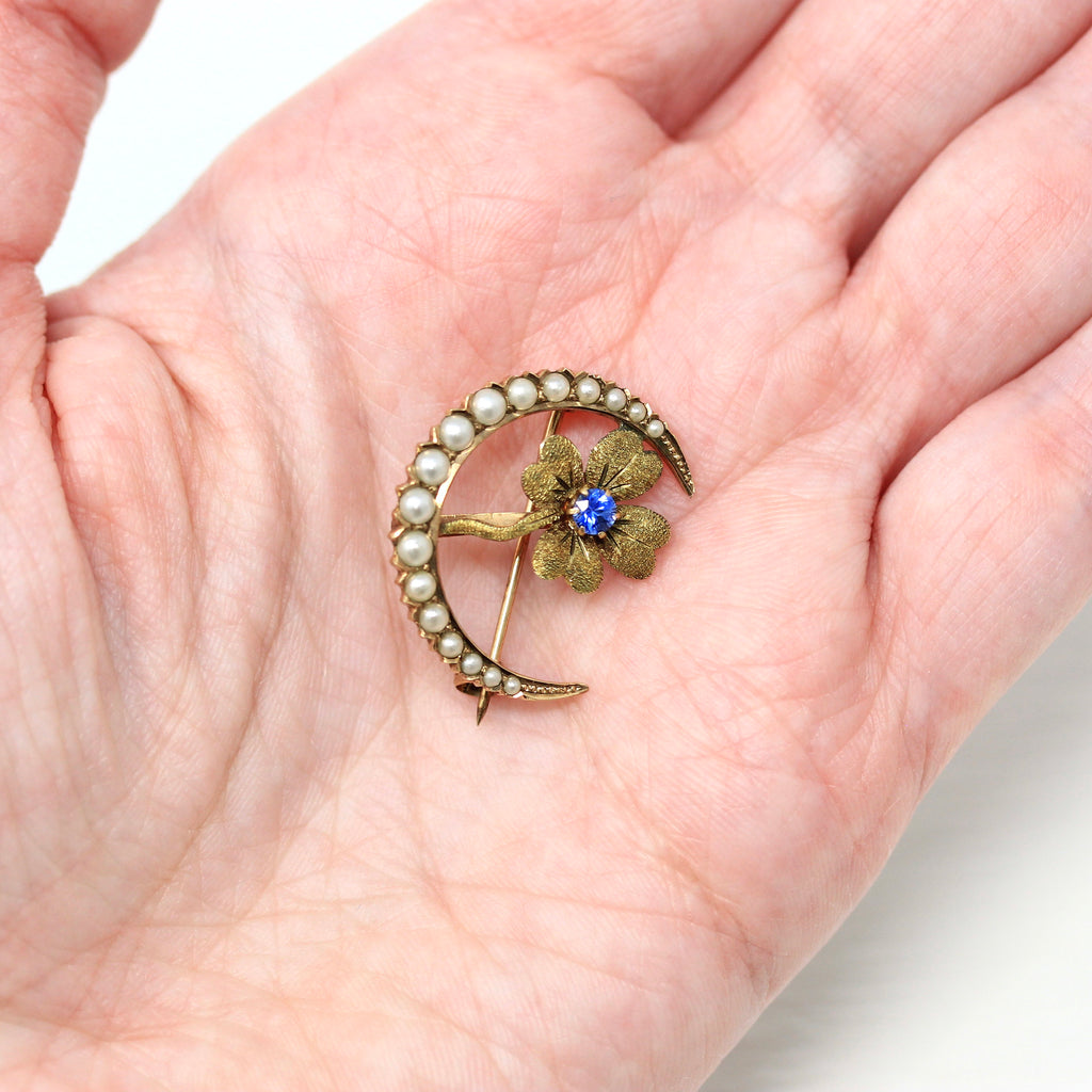 Crescent Moon Brooch - Edwardian 10k Yellow Gold Genuine Sapphire Seed Pearl Gems - Antique Circa 1910s Celestial Clover Design Fine Jewelry