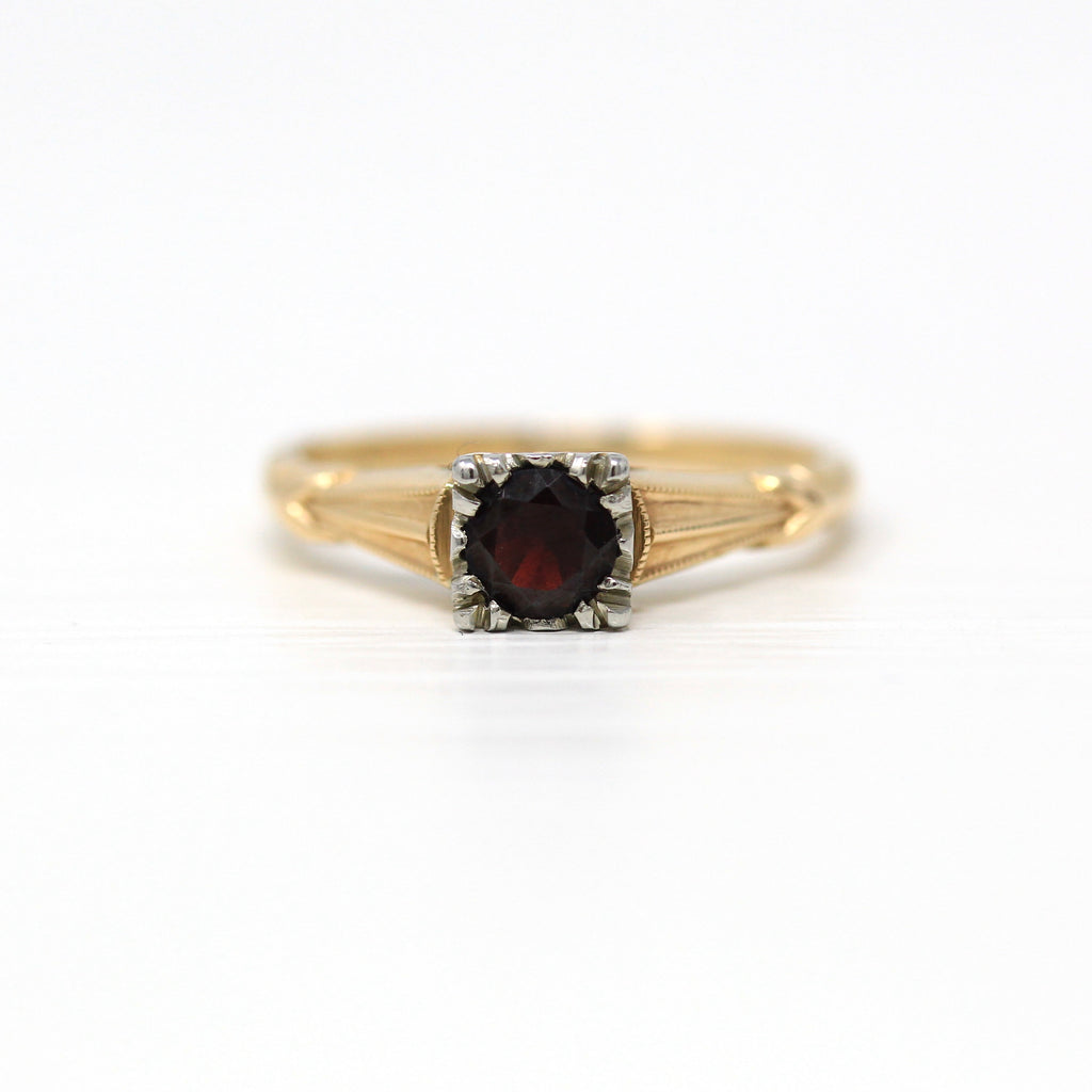 Vintage Garnet Ring - Retro 14k Yellow Gold Red Hued Round Facet .26 Carat Gemstone - Retro Circa 1940s Era Size 4.75 Solitaire Fine Jewelry