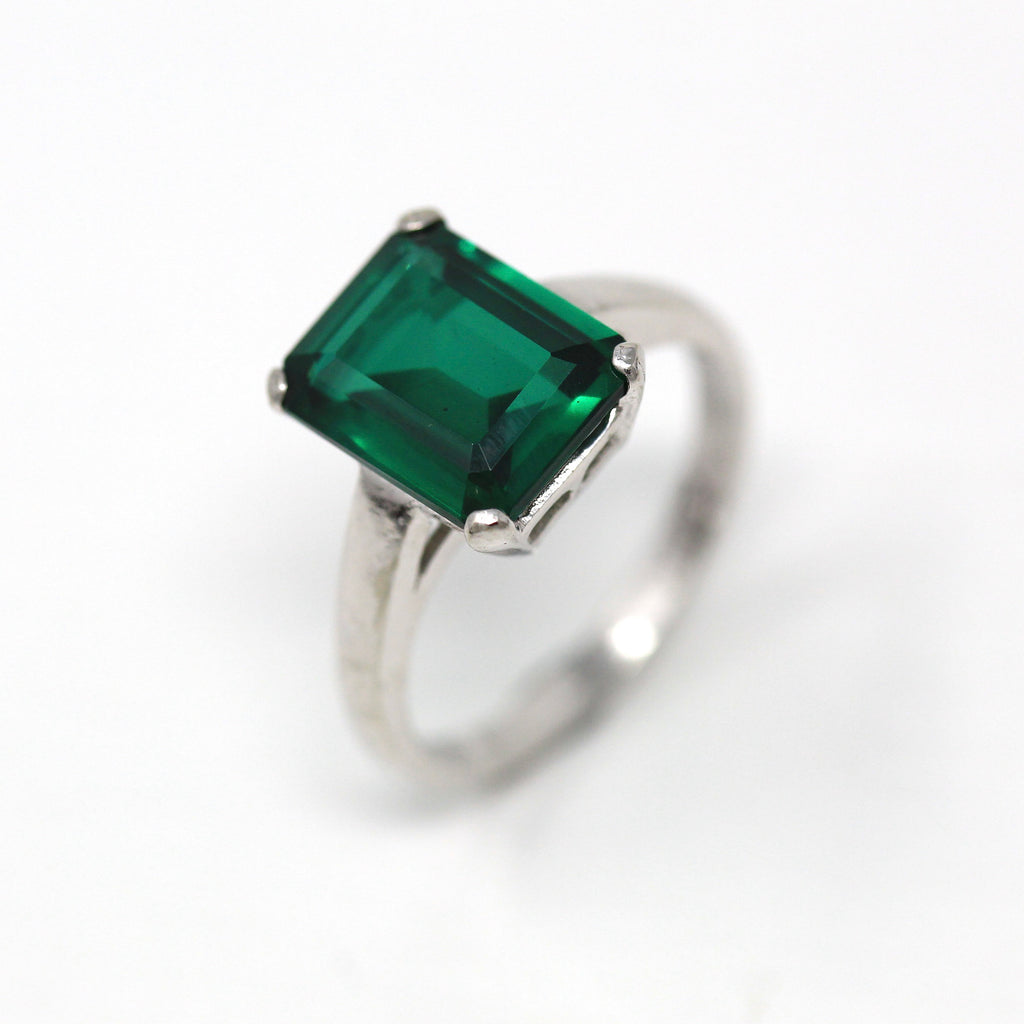 Created Spinel Ring - Retro 10k White Gold Emerald Cut 3.42 CT Green Stone - Vintage Circa 1960s Era Size 5 1/2 Statement Fine 60s Jewelry